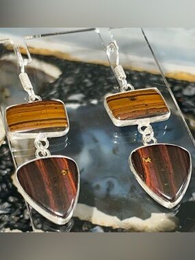 Red Tigers Eye Earrings 2 1/4”